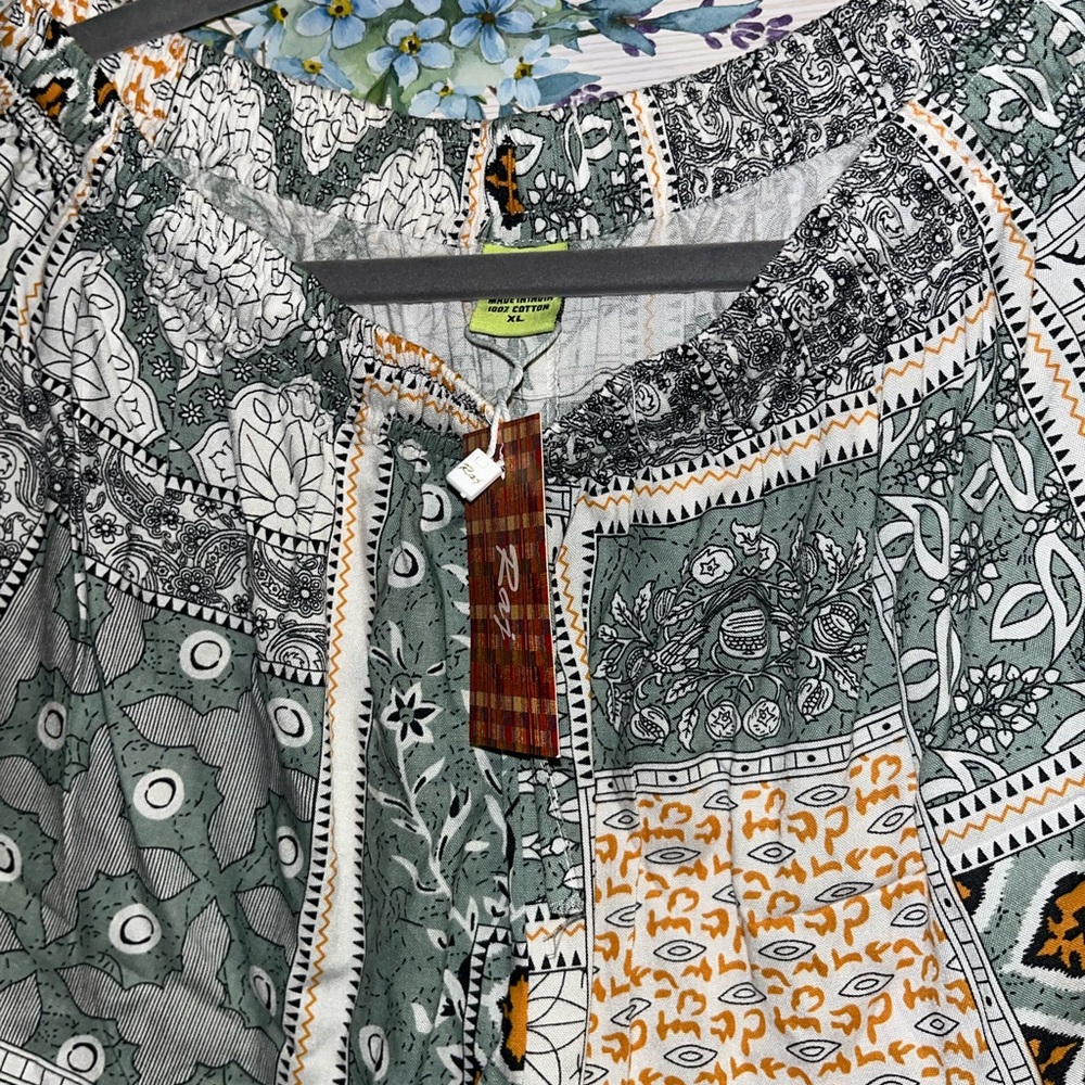 Raj Patchwork Patterned Green Wide-Leg Pants NWT - image 3